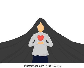 abstract long hair woman with heart in her hands . Girls power