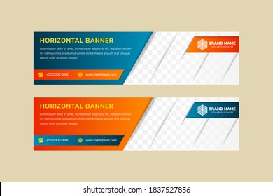 abstract long horizontal layout of banner design template with blue and orange gradient as color of background. diagonal shadow in space of photo. 