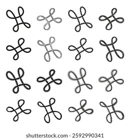 Abstract loop symbols. Twisted line patterns. Decorative geometric elements. Black vector shapes.
