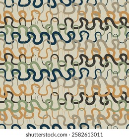 Abstract, looping stripes swirl pattern created digitally by hand. wavy psychedelic lines. shapes in earthy tones green, beige, orange, dark blue, cream background. textiles or wallpaper.