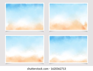 abstract loose blue and sand beach watercolor background for wedding invitation card template layout 5x7 horizontal