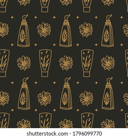 Abstrakte Lotionen Doodle-Kosmetikmuster, Gold-Nahtlose Muster, Vektorgrafik EPS10.