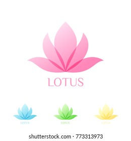 Abstract lotus flower logo design.  Yoga and spa beauty studio logo vector templates set in pink blue green yellow colors. 