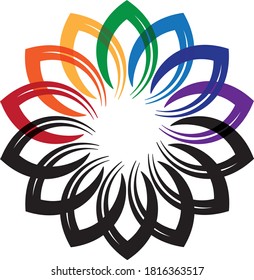 Abstract lotus flower outline vector,half rainbow and half black 	