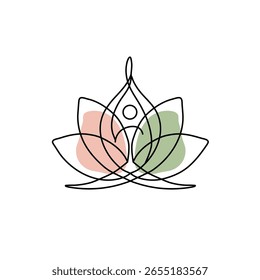 Abstract lotus pose vector art line with pastel color blocks for yoga.
