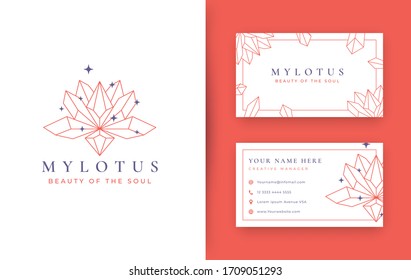 Abstract Lotus Stone Crystal Logo Design Line Art Style With Business Card