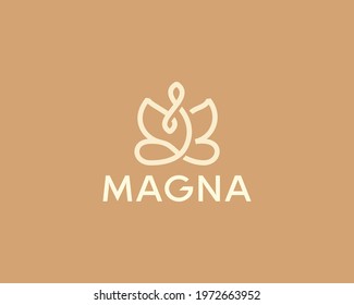 Abstract lotus yoga human continuous line logo. Universal flower wings meditation balance vector icon logotype.