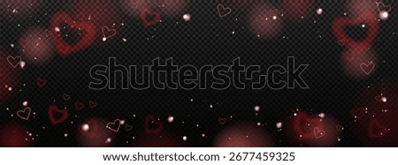 Abstract love background with gradient hearts, sparkles, flare light and shiny confetti on dark wallpaper. Stock vector illustration in romantic style.