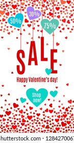 Abstract love background for your Valentines Day sale banner design. Red Hearts isolated on white background. Vector vertical illustration