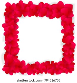 Abstract love elegant template for Valentines Day or wedding  greeting card design. Red hearts square frame isolated on white background. Vector illustration, border with space for text or image.