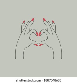 Abstract love hands logo. Minimal female outline fingers heart shape, self care tattoo design, linear beauty sticker. Vector illustration