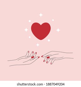 Abstract love hands logo. Minimal red heart female outline fingers, self care linear tattoo design, beauty sticker. Vector illustration