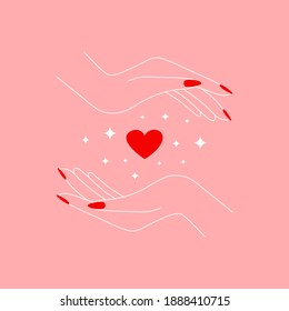 Abstract love hands logo. Romantic red heart female outline fingers, beauty sticker, modern linear tattoo design. Vector illustration