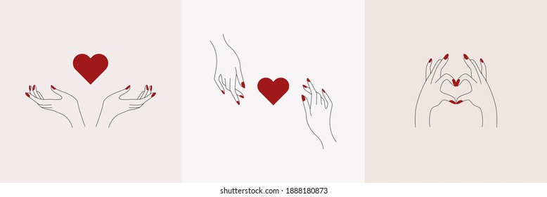 Abstract love hands set. Minimal female outline fingers heart shape, self care tattoo design, linear beauty sticker. Vector illustration