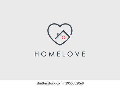 Abstract Love Home Logo. Black and Red Line Style Heart and House Icon Combination isolated on Vintage Background. Usable for Building and Family Care Logos. Flat Vector Logo Design Template Element.
