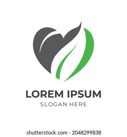 abstract love and leaf logo design template concept vector with flat black and green color style