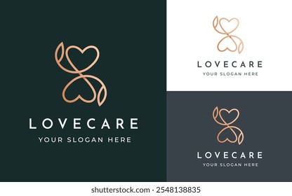 Abstrakte Love und Leaf Logo Inspiration. Elegantes Gold Luxury Mandala Love Leaf Symbol für Schönheit, Wellness, Spa und Luxus Business Identity. Abstraktes Emblem, Vektorgrafik.