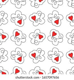 Abstract love pattern, seamless vector pattern. Red hearts in cartoon style with abstract ornament isolated on white background. Textile, fabric, wrapping paper, wallpaper, decor, background, print.