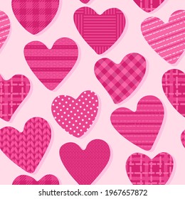 Abstract Love seamless pattern with heart. Shape with checkered, polka dots, striped bright color texture. Girly fashion sweet surface design Pink color palette vector illustration