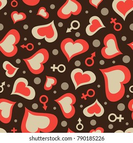 Abstract love seamless pattern with hearts, man and woman symbols of red, brown, white, and gray shades