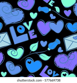 Abstract love seamless pattern on a black background. Vector heart, love letter and text seamless pattern. Valentines day background in blue and violet colors.