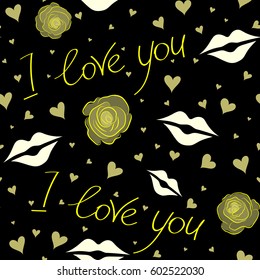 Abstract love seamless pattern on a black background. Vector heart, love letter and text seamless pattern. Valentines day background in yellow and neutral colors.