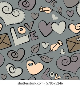 Abstract love seamless pattern. Vector heart, rose flower, love letter and text seamless pattern. Valentines day background in gray and beige colors.