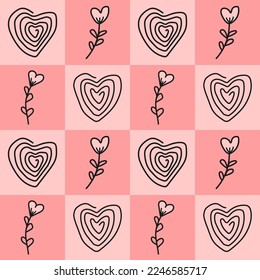Abstract love shape and cute flower on a pink colorful geometric square background design. Seamless Pattern vector illustration. Suitable for valentine's day cards, wrapping paper, textiles
