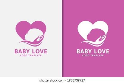 Abstract Love Symbol Combined With Baby Face And Handy Care Silhouette Logo Design.