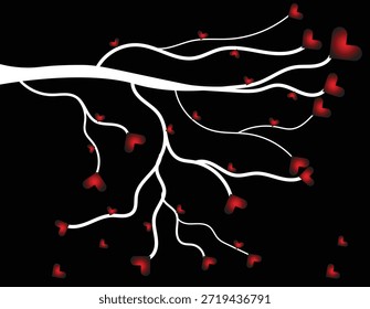 Árbol de amor Abstractas con corazones rojos brillantes y ramas que fluyen en el arte del fondo negro, ilustración romántica del árbol del corazón con los símbolos de amor brillantes rojos en el fondo abstracto oscuro, árbol abstracto creativo del amor con los corazones rojos que fluyen a través de las ramas en el arte negro