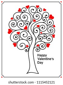 Abstract love tree with red hearts and curls. Thin black lines. Flat style. Card or invitation for St Valentine day. Vector illustration.