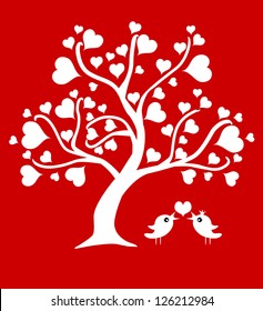 abstract love tree with two birds in love