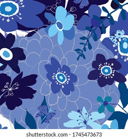 Abstract lovely blue flowers and leaves pattern background. Creative cute floral hand drawn for your design