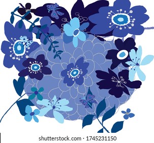 Abstract lovely blue flowers pattern background. Creative cute floral hand drawn for your design