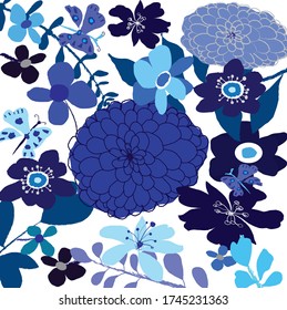 Abstract lovely blue flowers pattern background. Creative cute floral hand drawn for your design