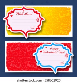 Abstract lovely horizontal banners in yellow and red colors with stickers on icons background isolated vector illustration