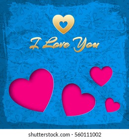 Abstract lovely template with golden inscription pink paper hearts on blue icons background vector illustration