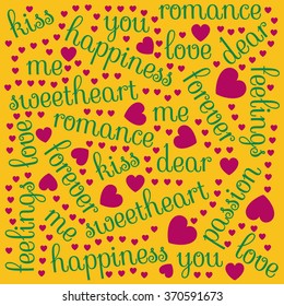 Abstract lovely Valentine' Day background with romantic words of green color and purple heart shapes on yellow backdrop