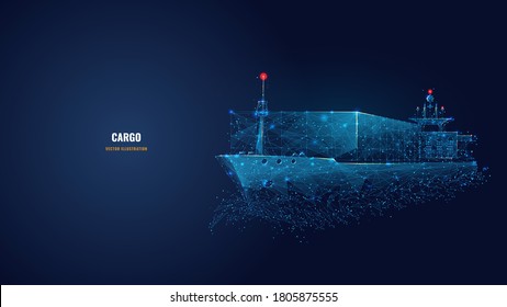 Abstract low poly 3d cargo ship isolated in dark blue background. Container ships, transportation, logistics or international shipping concept. Digital vector mesh illustration looks like starry sky
