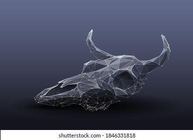 Abstract low poly 3d illustration of bull skull isolated in dark background. Animal vector wireframe or year of the bull concept. Digital polygonal mesh art with white lines, dots and shapes


