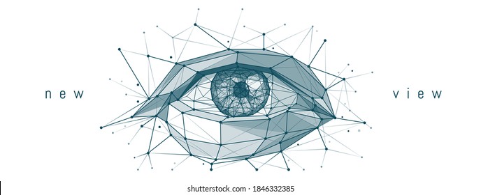 Abstract low poly 3d illustration of human eye isolated in white background. Digital polygonal mesh wireframe with lines, dots and triangles. Medicine, view, organ of vision or health concept
