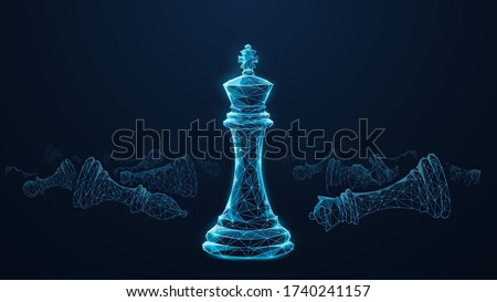 Abstract low poly 3d king chess piece in front of defeated chess figures. Digital vector mesh consisting of blue lines, dots and triangles isolated in black background. Leader success business concept
