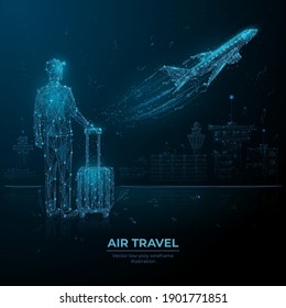 Abstract low poly 3d man with luggage looking at airplane taking off. Digital vector airport departure wireframe with lines, dots and flying particles. Air travel, airline transportation concept