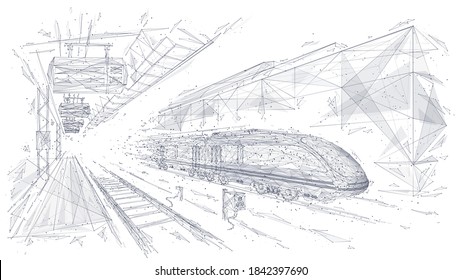 Resumen el esmalte 3d de baja polilla del tren moderno en la estación de tren o metro. Dibujo de esbozo de vectores con puntos conectados. Sistema de tránsito rápido, transporte, concepto de logística ferroviaria aislado en blanco