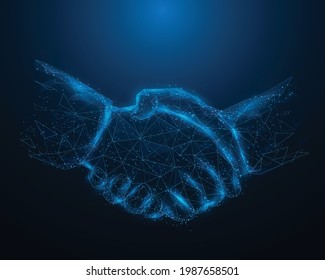 Abstract low poly agreement handshake. isolated on blue dark background. business partner connection concept. vector illustration futuristic modern design.