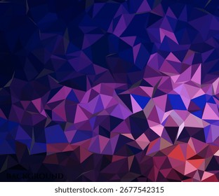 Abstract low poly background in shades of purple, pink, and blue, with a geometric crystal-like pattern and gradients