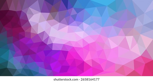  Abstractas fondo de poliéster bajo con un gradiente vibrante de tonos rosados, púrpuras y azules que forman un patrón geométrico dinámico de triángulos superpuestos.