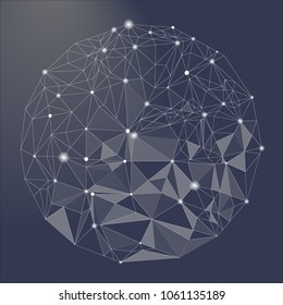 Abstract Low Poly Ball lines and triangles, point connecting network on blue background 