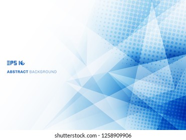 Abstract low poly blue triangles polygon and halftone with copy space white background. Vector illustration