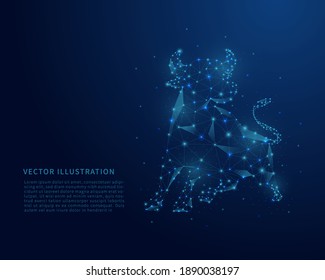 Abstract low poly bull. Polygonal wireframe mesh on blue background. 